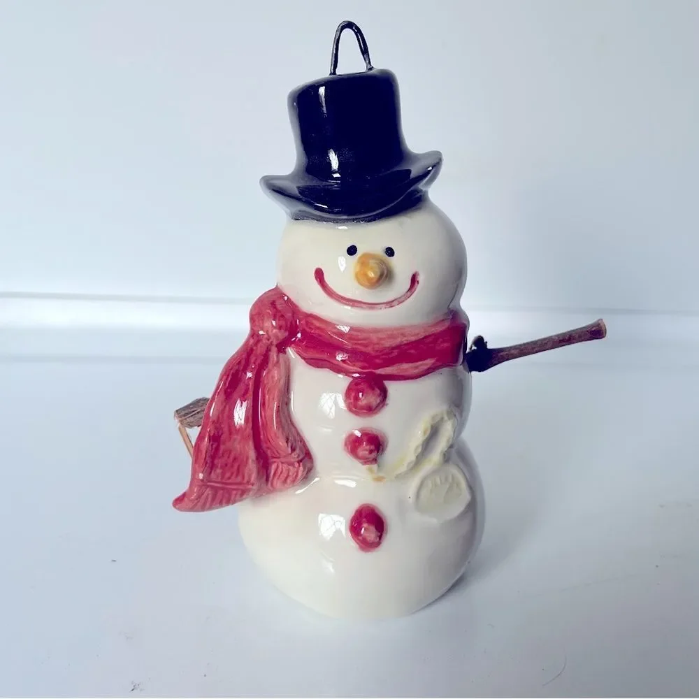 Glazed Ceramic Snowman Christmas Ornament 5” Real Stick Arms Top hat Cute Winter